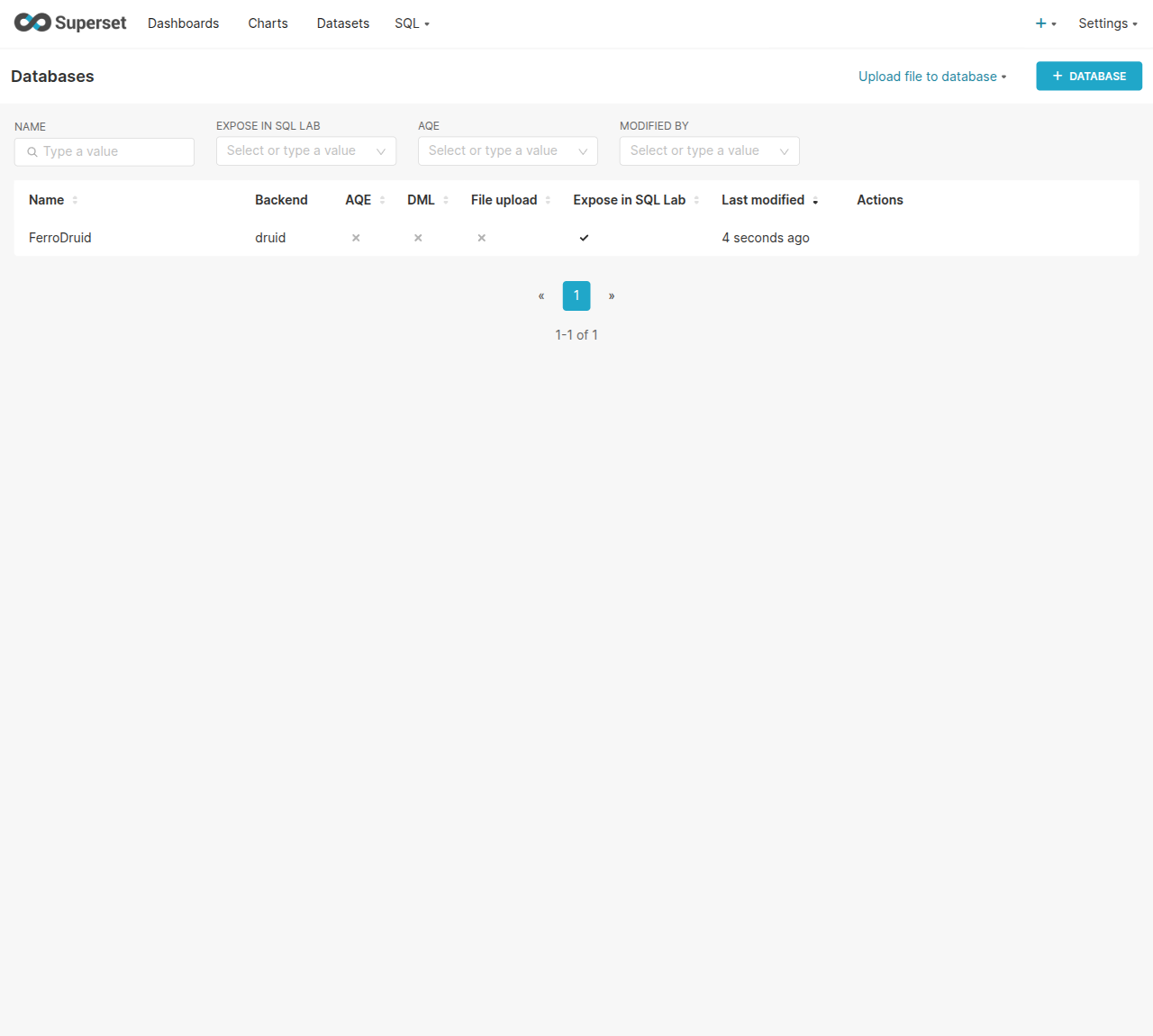FerroDruid registered as a `druid`-backend database, exposed in SQL Lab