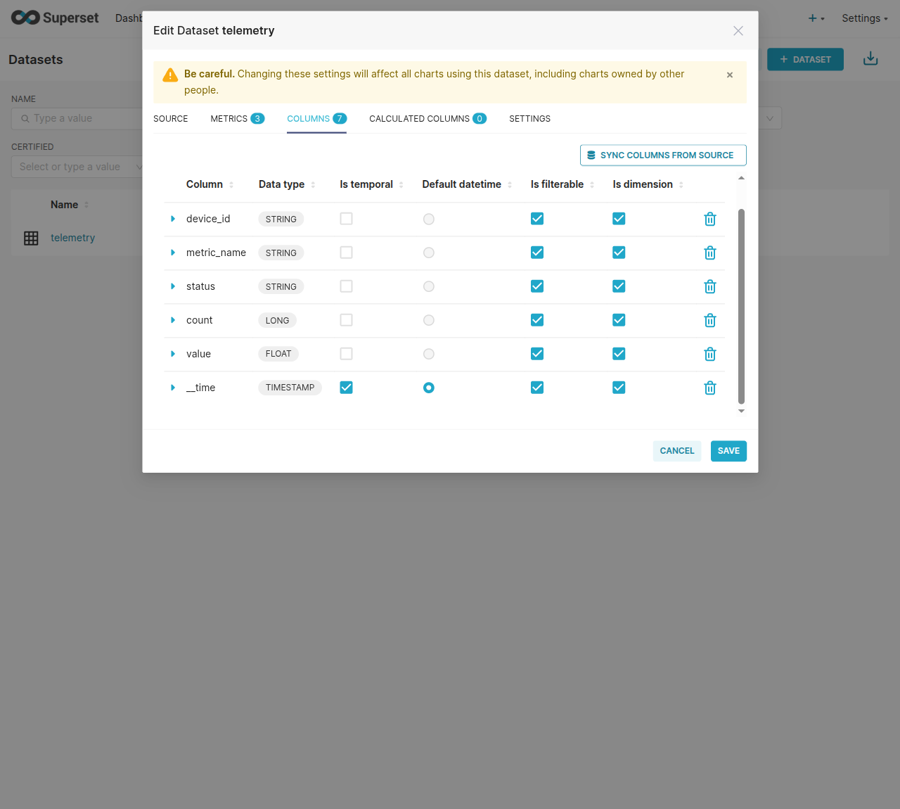 SYNC COLUMNS FROM SOURCE auto-discovers all telemetry columns with types