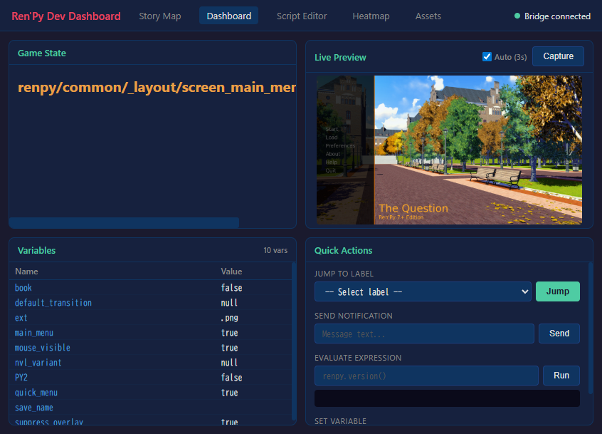 Dev Dashboard with live game preview, variable inspector, quick actions for jump/eval/notify